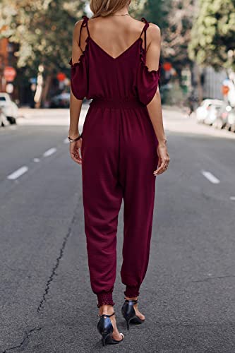 PRETTYGARDEN Jumpsuit for Women Casual Wrap V Neck Cold Shoulder One Piece Outfits Pants Romper (Wine Red,Large)