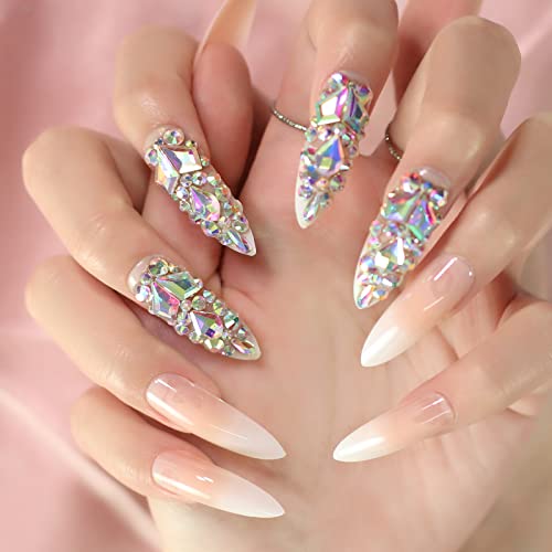 Ombre Pink Fake Press On Nails 3d Extra Long Stiletto Artificial Jewelry Full Cover False Nail With Rhinestones Luxury Bridal Wedding Professional Nail Art Salon