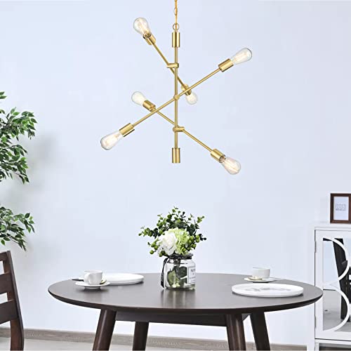 6 Lights Mid Century Gold Bronze Industrial Brushed Brass Light Fixture Modern Sputnik Chandelier Semi Flush Mount Ceiling Pendant Lighting for Dining Room Restaurant Kitchen Living Room