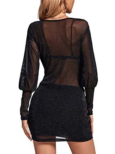 Rooscier Women's Sheer Mesh Glitter Wrap V Neck Long Sleeve Ruched Drawstring Bodycon Mini Dress Solid Black Large