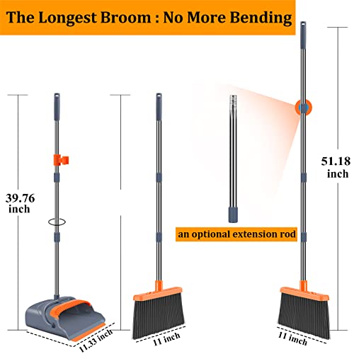 kelamayi Upgrade Stand Up Broom and Dustpan Set, Self-Cleaning with Dustpan Teeth, Ideal for Dog Cat Pets Home Use, Super Long Handle (Gray&Orange)