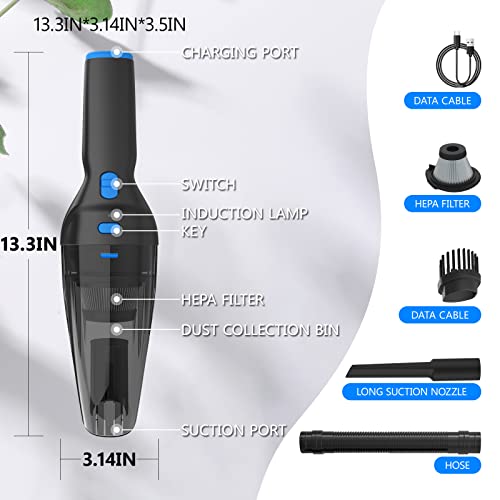 Cordless Handheld Vacuum Cleaner, Car Vacuum Cordless Rechargeable with 20 Mins Runtime, Powerful Lightweight Hand Held Vacuum with 10000 Pa Strong Suction for Mini Vacuum for Pet, Car, Home（Blue）