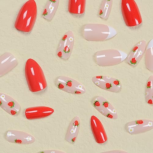 24 Pcs Medium Press on Nails French Tip Almond Fake Nails Glossy Designs False Nails with Strawberry Pattern Full Cover Acrylic Nails for Women