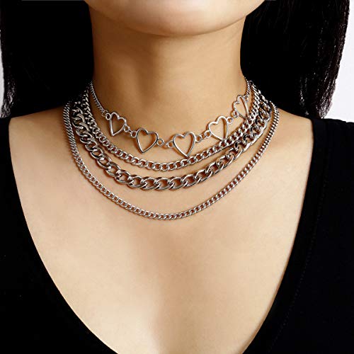 Aimimier Punk Link Chain Choker Necklace Set 4Pcs Hollow Heart Choker Hiphop Chunky Chain for Women and Girls