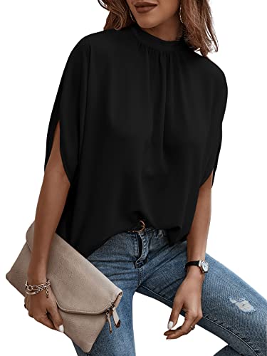 Verdusa Women's Casual Tie Back Dolman Sleeve Mock Neck Blouse Top Black M