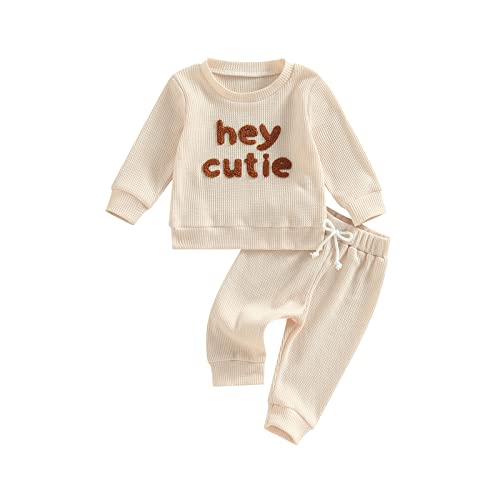 Toddler Baby Girl Boy Fall Winter Waffle Outfit Set Letter Printed Long Sleeve Sweatshirt Tops + Pants (Apricot, 0-3 Months)