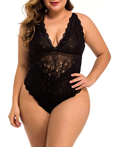 XAKALAKA Women Plus Size Lace Bodysuit Teddy Lingerie One Piece Babydoll Clubwear Black XXL