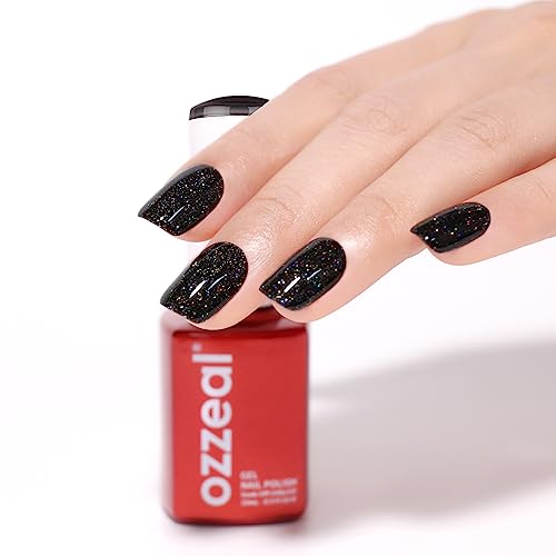 Ozzeal Glitter Gel Polish,Black Iridescent Glitter Gel Nail Polish Sparkle Shimmer Gel Glitter Nail Polish Summer Rainbow Soak off LED UV Gel Nail Polish for Art DIY Manicure 15ML