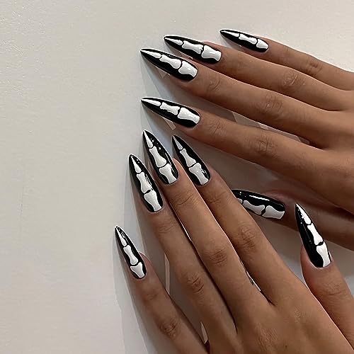 24Pcs Halloween Press on Nails Long Stiletto Skull Fake Nails Full Cover Horror Skeleton Black Nails Glossy Designs Gothic False Nails Stick on Nails for Women Girls Acrylic Nails Manicure Decorations