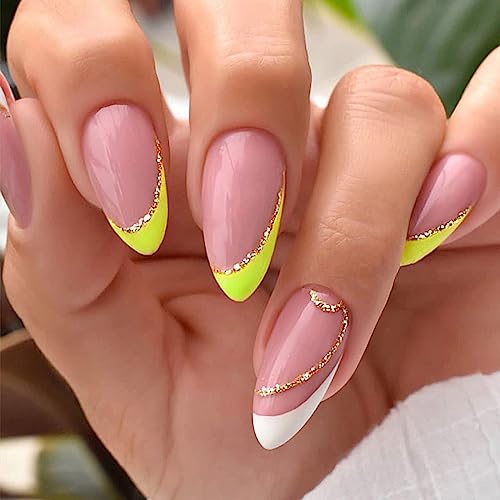 diduikalor 24Pcs Press On Nails Almond Fake Nails Green and White French Tips False Nails with Design Acrylic Glue On Nails Kit Natural Reusable Stick On Nails for Women and Girls