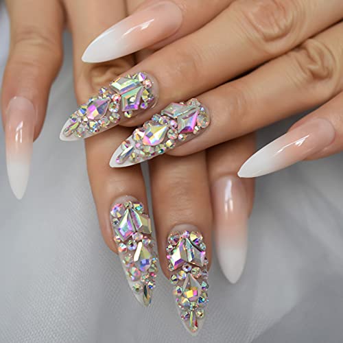 Ombre Pink Fake Press On Nails 3d Extra Long Stiletto Artificial Jewelry Full Cover False Nail With Rhinestones Luxury Bridal Wedding Professional Nail Art Salon