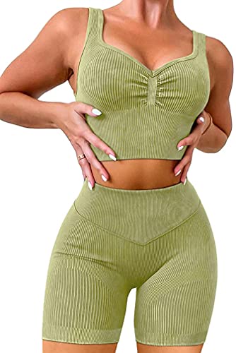 OLCHEE Womens Workout Sets 2 Piece - Seamless Ribbed Acid Wash Yoga Outfits Shorts and Sports Bra Matching Gym Athletic Clothing Set - Green X-Large