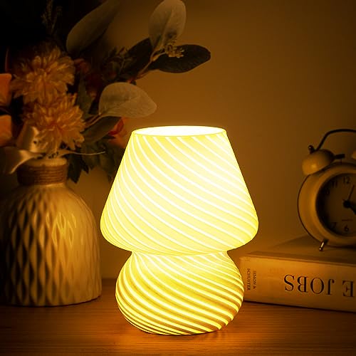 Briignite Mushroom Lamp, Glass Table Lamp Murano Vintage Style Mushroom Design, Replaceable 9W Warm Light Bulb Included, Perfect Desk Lamp for Home Decor in Bedroom, Living Room, Office