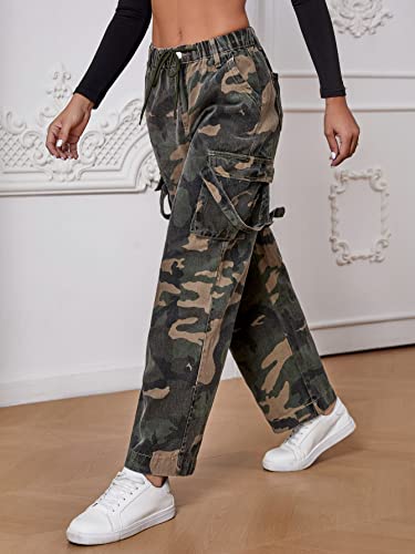 Verdusa Women's Drawstring Waist Camo Print Cargo Pants Loose Long Trousers Camo Green M