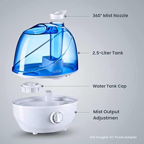 Cool Mist Humidifiers for Bedroom & Large Room (2.5l Water Tank) Quiet Ultrasonic Air Humidifier For Babies Nursery, Office, Indoor Plants & Whole House -Adjustable 360 Rotation Nozzle, Auto-Shut Off