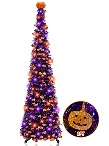 [ Orange & Purple Lights ] 5 Ft Halloween Black Tree Timer DIY 50 Lights Battery Operated Pumpkin Top Sequin Tinsel Artificial Pop Up Pencil Scary Halloween Decoration Home Indoor Outdoor