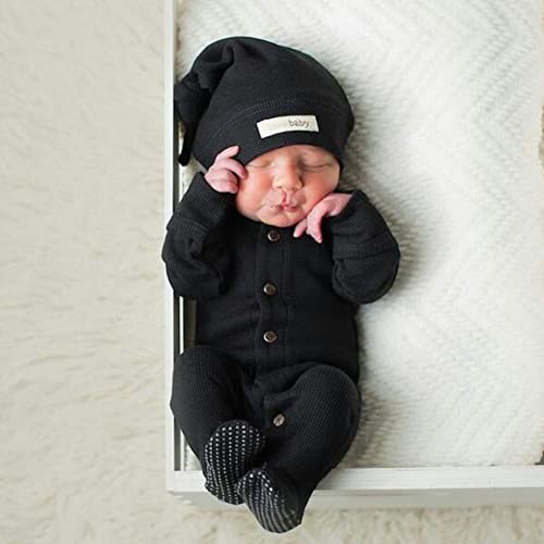 Newborn Infant Baby Boy Girl Fall Winter Clothes Long Sleeve Button Waffle Knit Footed Romper Hat 2Pcs Outfit (0-3 Months,Black)