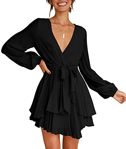 Womens Mini Dress Deep V-Neck Baggy Sleeve Ruffle Hem Short Dresses Black S