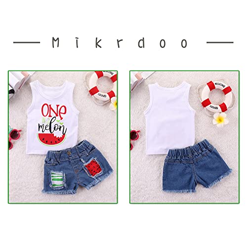 Mikrdoo Toddler Girl Summer Outfits Sleeveless Watermelon Tank Top + Denim Shorts Clothing Set (12-18 Months, White)