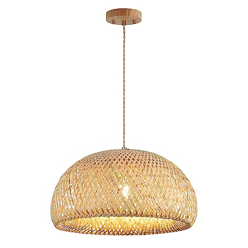 Hchunqjor Bamboo Large Pendant Light Fixture 17.8 inch One-Light Adjustable Rustic Basket Handmade Woven Pendant Lighting for Kitchen Island Farmhouse Dining Room Living Room