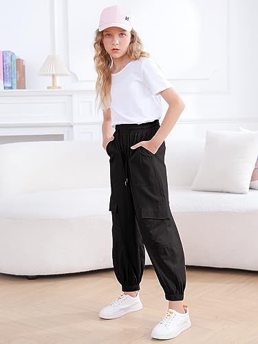 Kids Girl's Elastic Waist Black Casual Cargo Pants Pocket Side Cargo Jogger Long Pants 9-10 Years Old