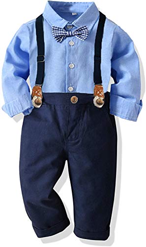 SALNIER Toddler Dress Suit Baby Boys Clothes Sets Bowtie Shirts + Suspenders Pants 3pcs Gentleman Outfits Suits 6 Month - 6 Years (Blue005 12-18M)