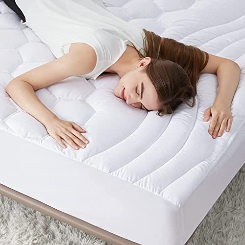 Bedsure Queen Size Mattress Pad - Soft Cooling Mattress Cover Padded, Quilted Fitted Mattress Protector with 8-21" Deep Pocket, Breathable Fluffy Pillow Top, White, 60x80 Inches