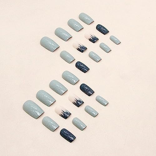 Diduikalor 24 Pcs Short Square Press on Nails Squoval Fake Nails Glossy Glue on Nails Blue Glitte Artificial Acrylic Nails Gradient Stick on Nails for Women Girls