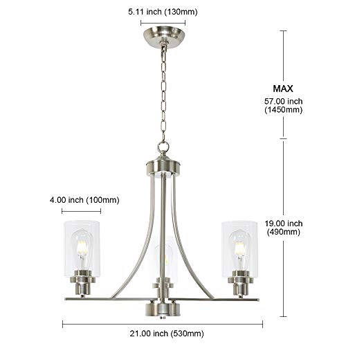 BONLICHT Contemporary Chandelier 3 Light Brushed Nickel Modern Lighting Fixtures Hanging Clear Glass Shades Pendant Light Classic Ceiling Lamp for Kitchen Dinging Room Living Room Bedroom Hallway