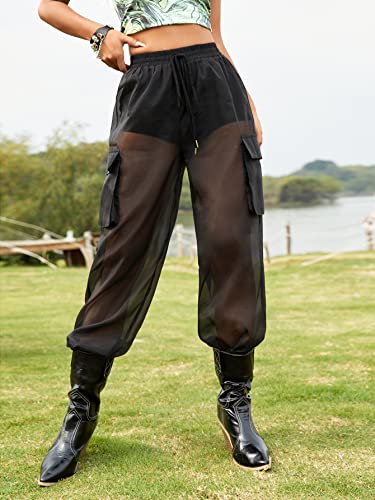 WDIRARA Women's Sheer Cargo Mesh Pants High Waisted See Through Rave Pants with Pockets Black M