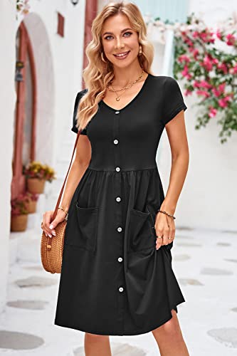 OUGES Womens Summer Short Sleeve Midi Dresses Button Down V Neck Skater Dress with Pockets(Black395,S)