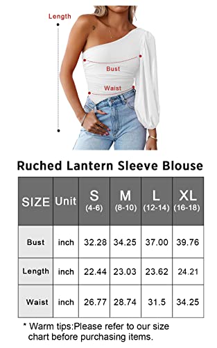 MASCOMODA Womens Fall Fashion 2023 Mesh Long Sleeve One Shoulder Tops Solid Stretch Ruched Lantern Sleeve Blouse Shirt(White,Large)