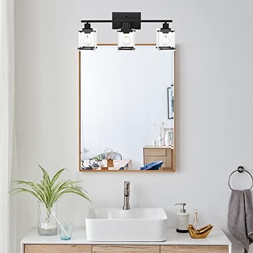 MELUCEE 3 Light Bathroom Lights Over Mirror Black Vanity Lighting Fixtures with Rectangular Clear Glass, Modern Bathroom Light Fixtures Wall Mount Lamp for Bath Powder Room Bedroom