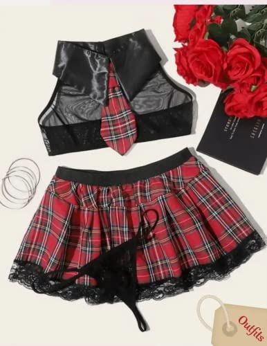 Avidlove Women Schoolgirl's Outfit Costume Lingerie Set With Tie Top Mini Skirt, Black, Medium