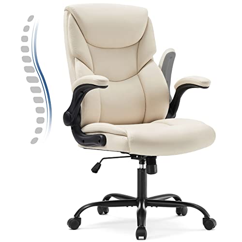Office Chair - Ergonomic Executive Computer Desk Chairs with Adjustable Flip-up Armrest, Swivel Task Chair with Lumbar Support, Strong Metal Base, PU Leather, White