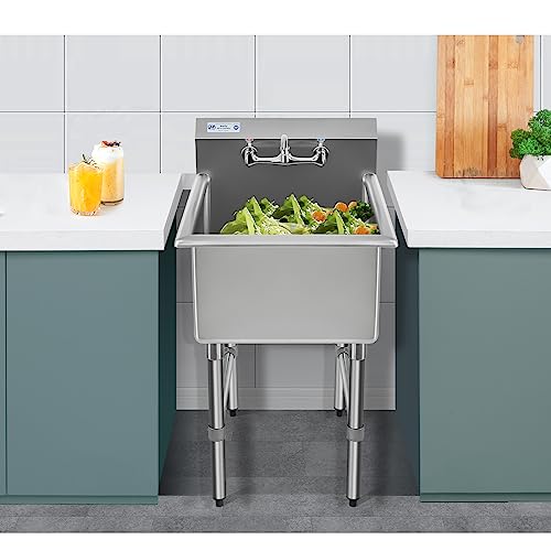 HALLY Commercial Stainless Steel Sink 1 Compartment NSF Prep & Utility Sink with 8" Faucet 15" L x 15" W x 12" D Bowl for Bar, Restaurant, Kitchen, Hotel and Home