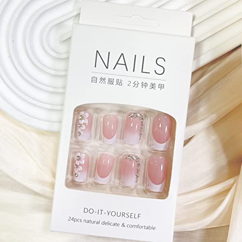 Medium Square Press on Nails French Tip Fake Nails Pink Full Cover False Nails with Flower and Rhinestones Designs Spring Glue on Nails Glossy Stick on Nails for Women and Girls 24Pcs