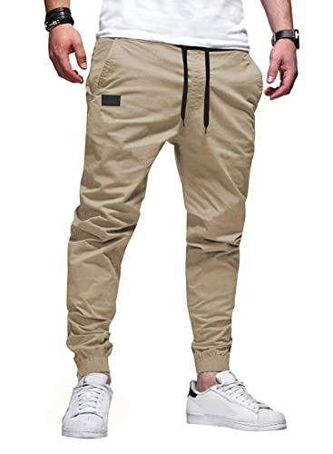 JMIERR Men's Casual Joggers Pants - Cotton Drawstring Chino Cargo Hiking Outdoor Twill Track Sweatpants with Pockets, Relaxed Fit, US 34(M), Khaki.