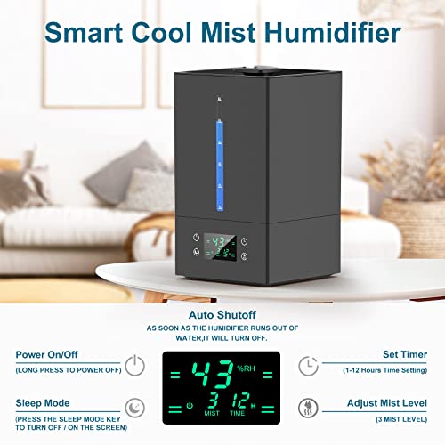 6L Humidifiers for Bedroom Large Room, Cool Mist Humidifiers for Baby Nursery Plants with Essential Oils Diffuser, 360° Rotatable Double Spray Outlet Nozzle, Auto-Shut Off, Sleep Mode,Quiet