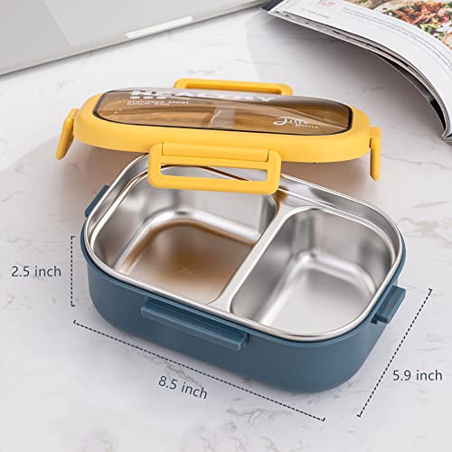 Lille Home 28oz Stainless Steel Leakproof 2-Compartment Bento Lunch Box/Portion Control Food Container with Lunch Bag and Cutlery Set, BPA Free (Blue)