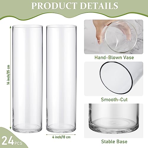 24 Pack Glass Cylinder Vases Tall Vases for Centerpiece Floating Candle Holder Clear Flower Vases Bulk for Tables Wedding Party Home Event Formal Dinners Decorations(4 x 14 Inches)