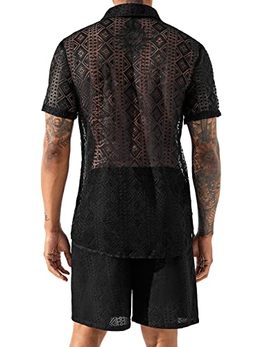 LecGee Mens Beach Sets Lace Short Sleeve Tracksuit Casual Shirt Shorts Fashion Summer Two Piece Outfits(Black,Medium)