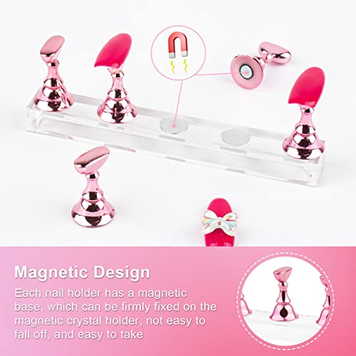 Nail Stand Acrylic Nail Art Display Stand Magnetic Nail Tips Practice Holder 54 Pcs Reusable Adhesive Putty for DIY Painting Nails Stand kit (Pink)