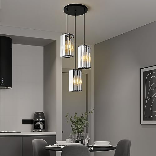 zhllmq Modern Pendant Light Black Rectangle Pendant Lighting Mini Crystal Chandeliers Adjustable Pendant Light Fixture for Kitchen Island Dinning Room Living Room Corridor Bedroom(Black 3-Light)