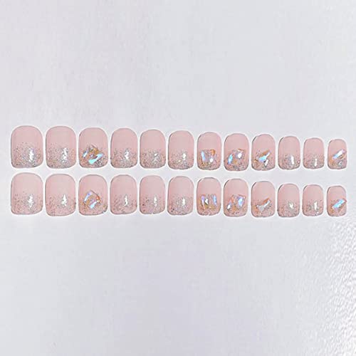 Hkanlre Shiny Press on Nails Medium Rhinetones Square Fake Nails Tips Acrylic Full Cover Nude False Nails for Women and Girls 24PCS