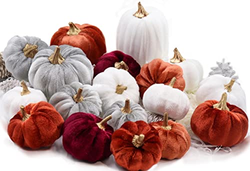 Velvet Pumpkins, 18 PCS Fall Table Decorations for Home, Artificial Pumpkins Set for Fall Autumn Harvest, Thanksgiving, Wedding