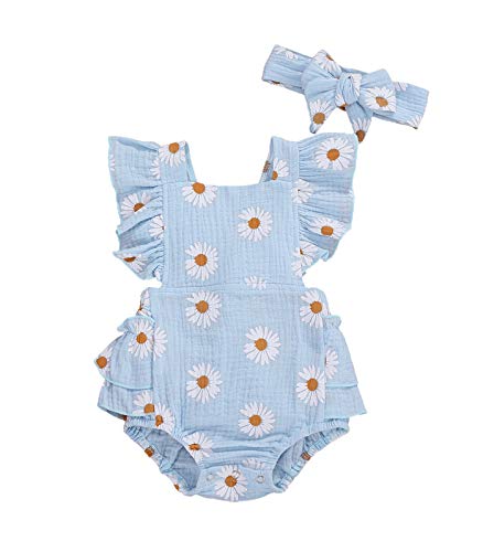 Baby Girls Daisy Playsuits Ruffled Bodysuit+Headband Print Fly Sleeve Romper Floral Jumpsuit Infant Summer Clothes (Blue,6-12 Months)