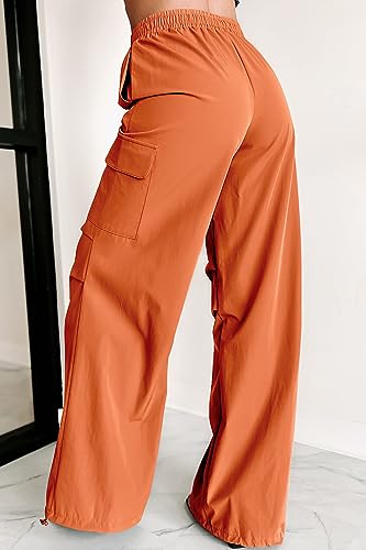 INFULEIMU Parachute Pants for Women Cargo Pants Baggy Pants Drawstring High Waist Ruched Straight Y2K Pants with Pockets Orange