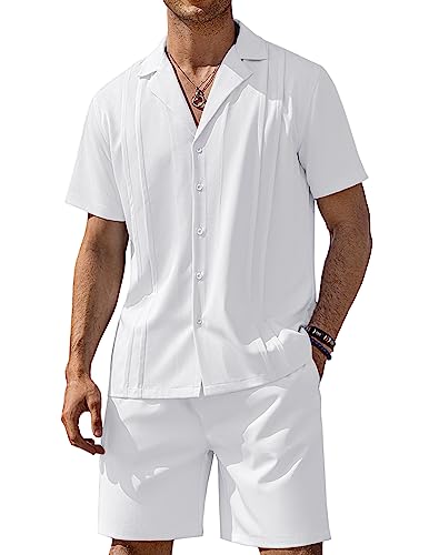 COOFANDY Mens Coordinated Outfit Button Down Shirt Sets Leisure Short Sleeve Shirt and Shorts Suits, White, Medium