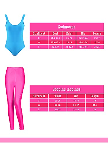 SATINIOR Women 80s 90s Workout Costume Outfit Accessories Set Leg Warmers Headband Wristbands Earrings Swimwear Suit (Lake Blue, Rose Red, Small)